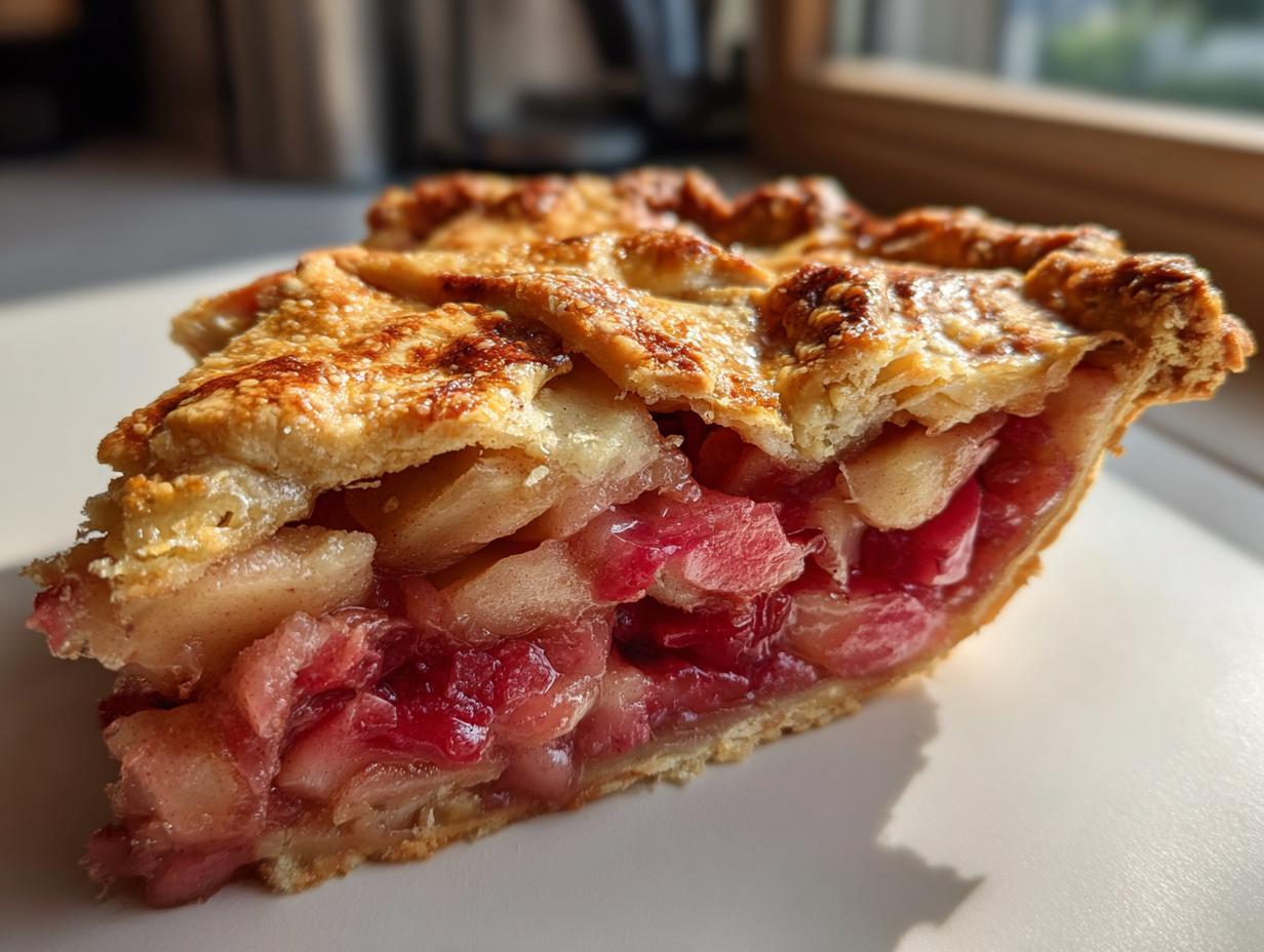 Close-up of a thick slice of rhubarb pie showing the juicy red filling and golden, flaky lattice crust.