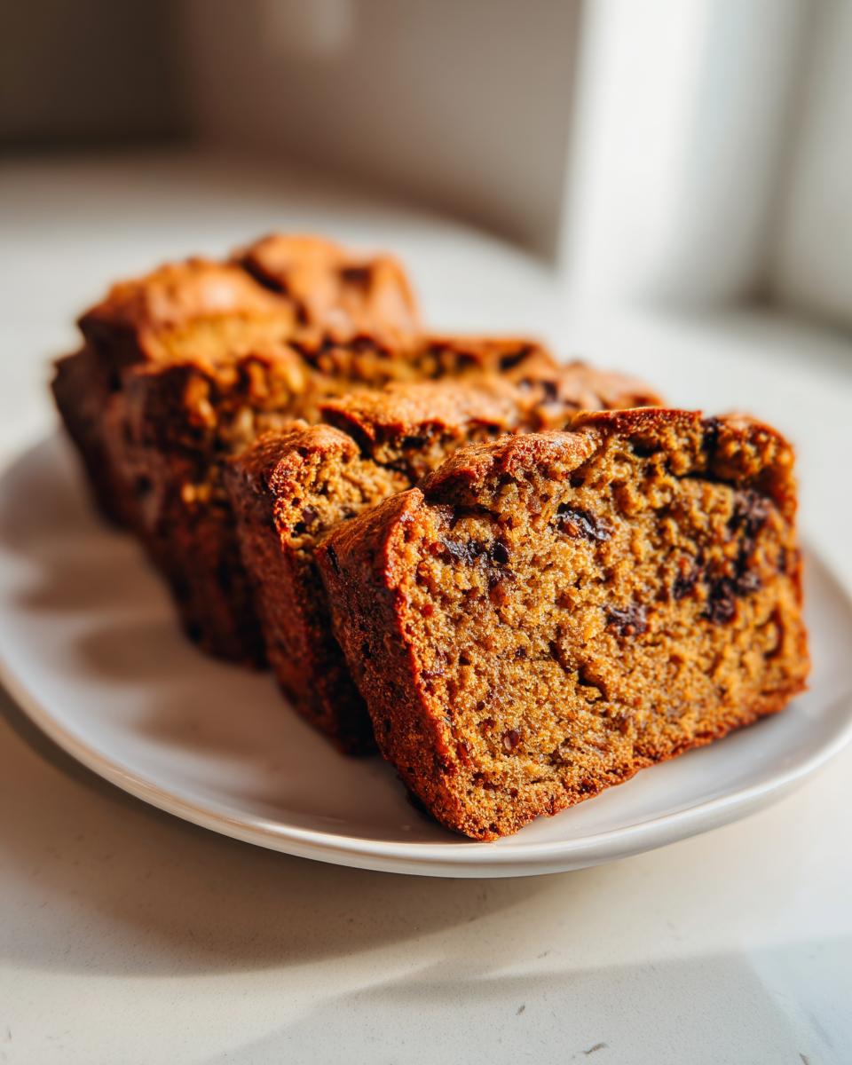 Close-up of thick slices of moist banana bread cookies with chocolate chips on a white plate.