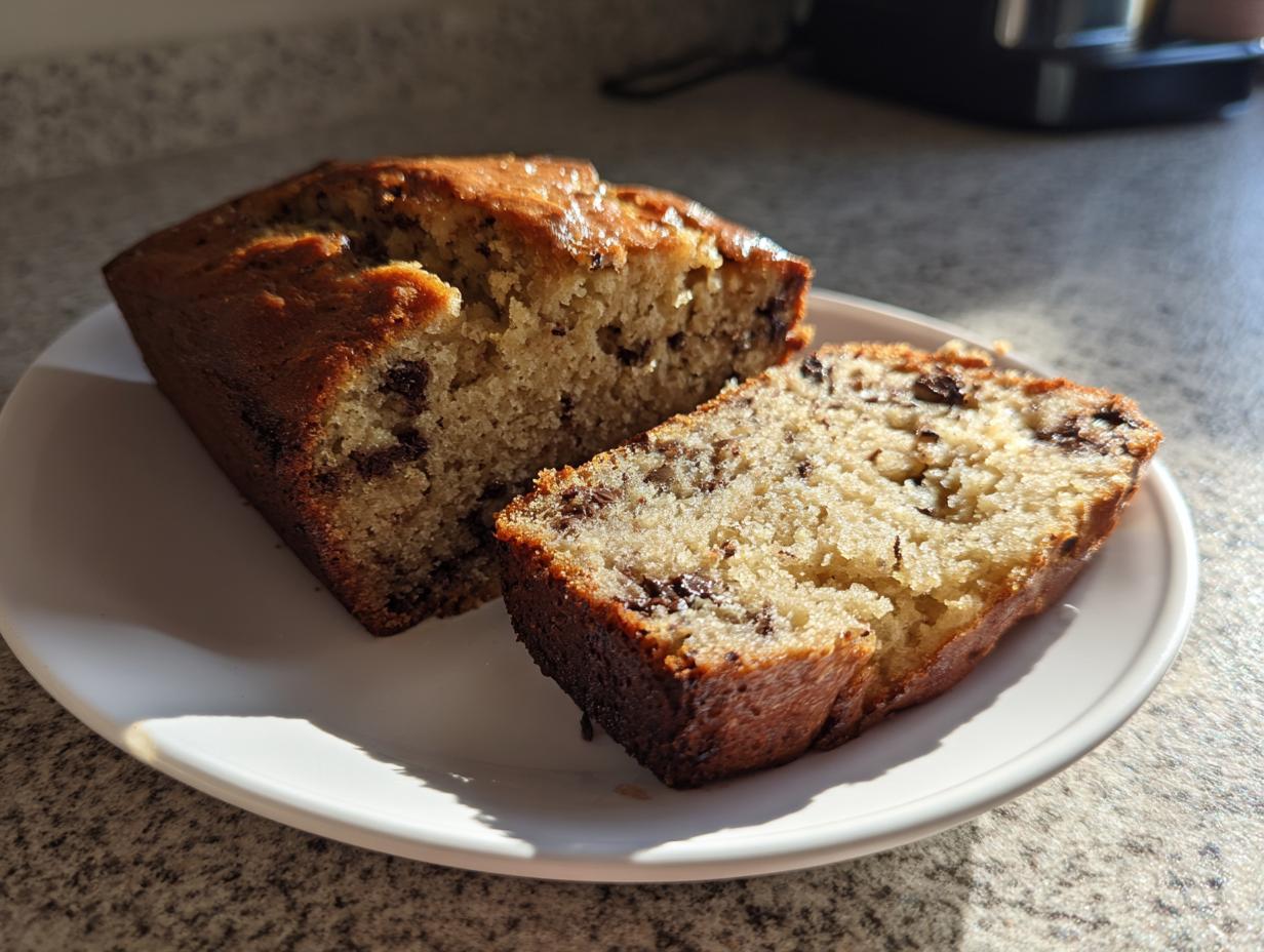A loaf of moist vegan banana bread with chocolate chips, sliced open on a white plate.