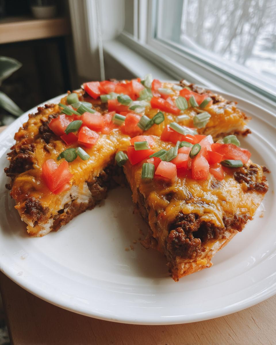 A freshly baked mexican pizza, sliced and served on a white plate, topped with melted cheese, diced tomatoes, and green onions.