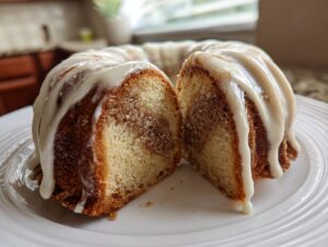 A sock-it-to-me cake, cut in half, showing a cinnamon swirl interior and drizzled with thick white icing.