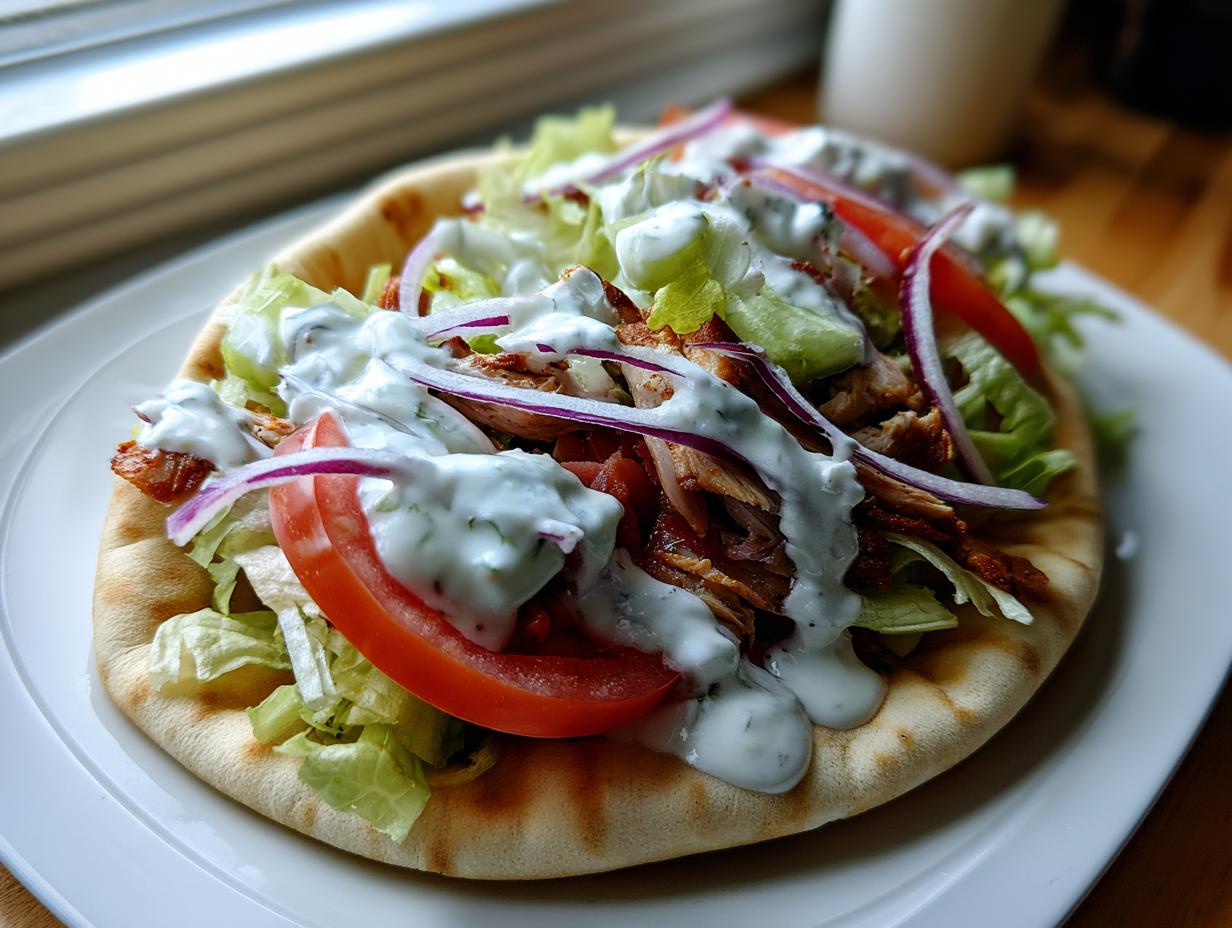 A fully assembled slow cooker chicken gyros served open-faced on a pita bread with lettuce, tomato, red onion, and tzatziki sauce.