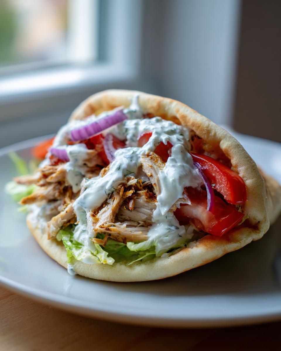A close-up of a fully assembled slow cooker chicken gyros sandwich stuffed with shredded chicken, lettuce, tomato, onion, and tzatziki sauce.