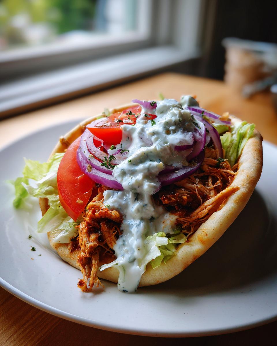 A fully assembled slow cooker chicken gyros served in a pita bread, topped with tzatziki, red onion, and tomato.