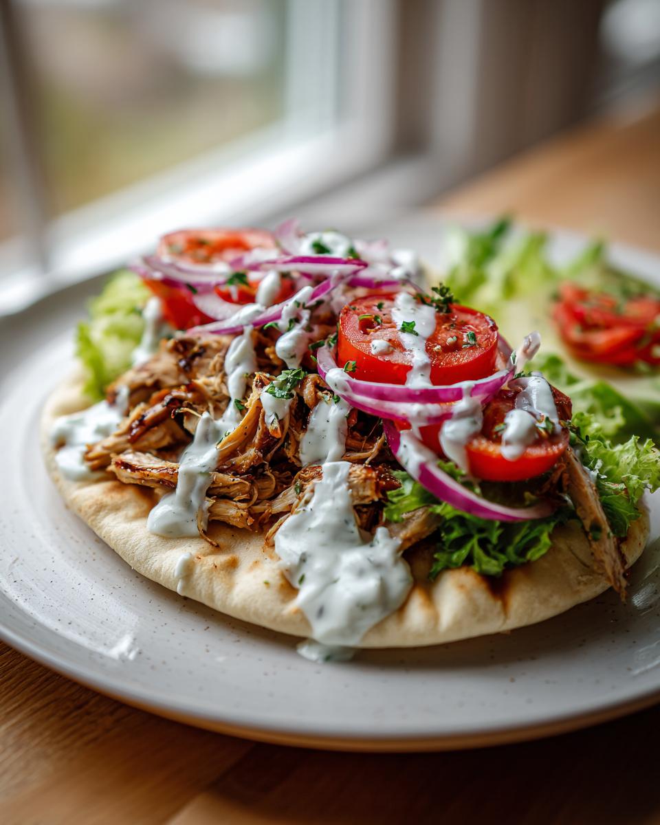 A fully assembled slow cooker chicken gyros served open-faced on a pita with tzatziki, tomatoes, and red onion.