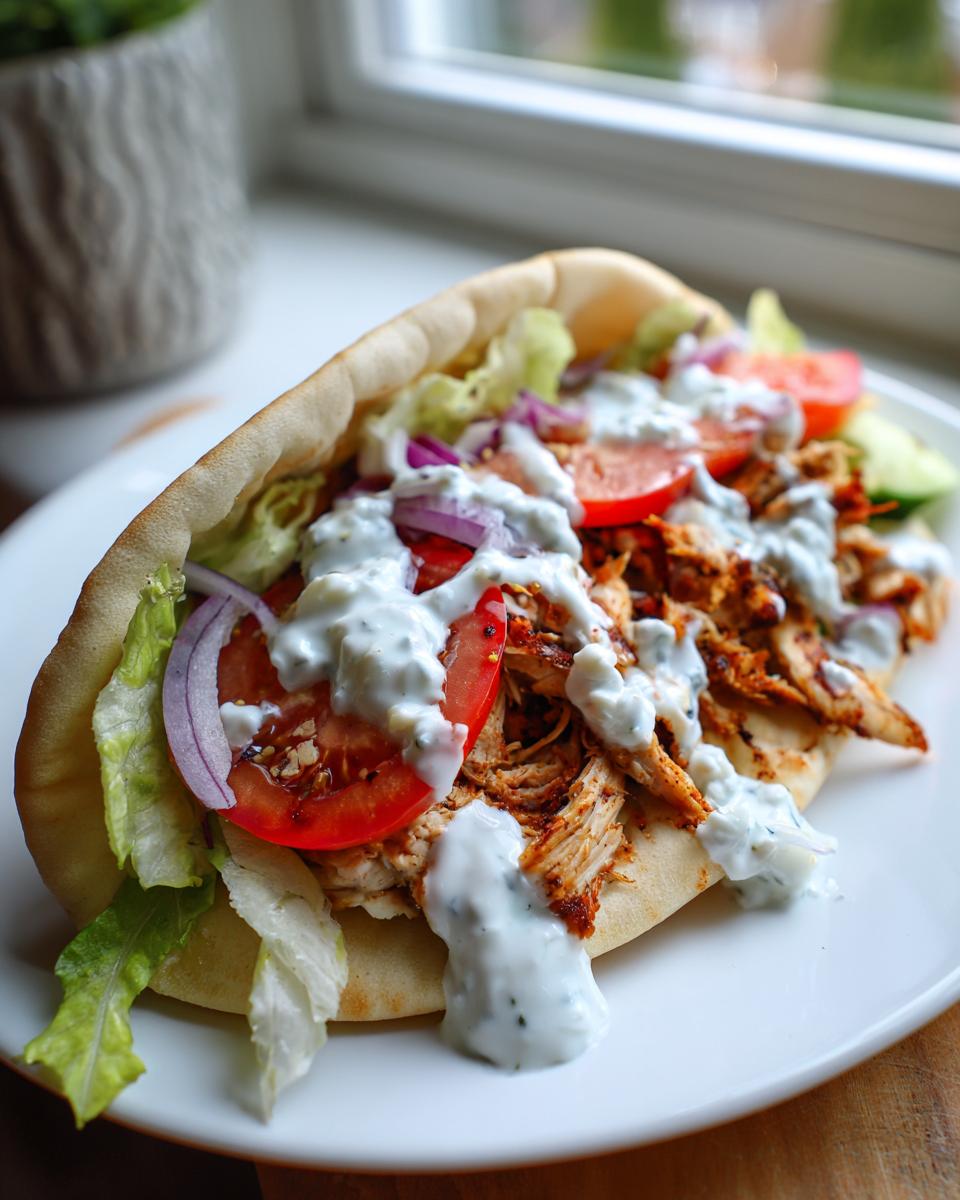 A delicious slow cooker chicken gyros stuffed in a pita with lettuce, tomato, onion, and tzatziki sauce.