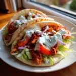 Two delicious slow cooker chicken gyros stuffed with shredded seasoned chicken, lettuce, tomato, red onion, and tzatziki sauce.
