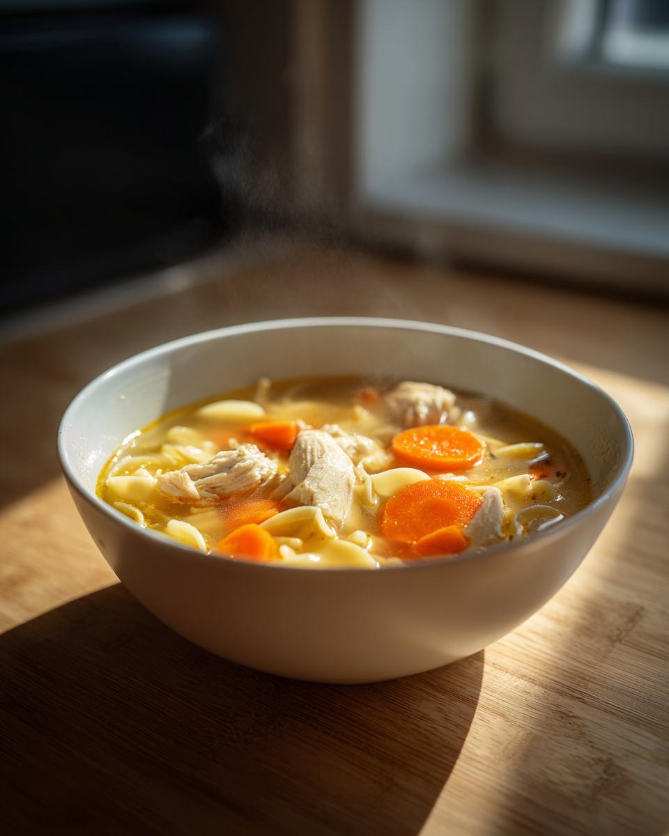 A white bowl filled with hot slow cooker chicken noodle soup, featuring shredded chicken, egg noodles, and bright orange carrots.