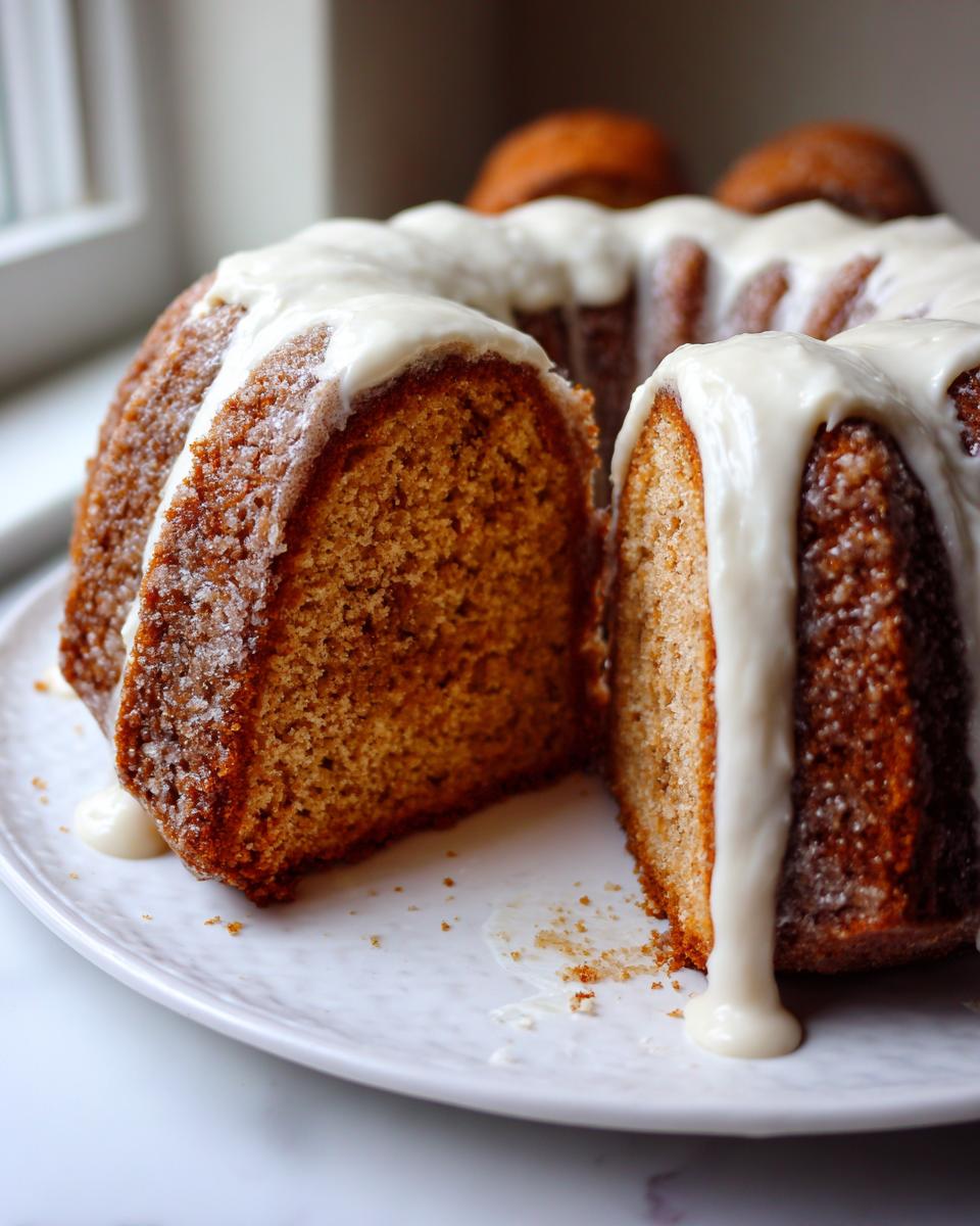 A slice cut from a bundt-style sock-it-to-me cake, generously drizzled with thick white icing.