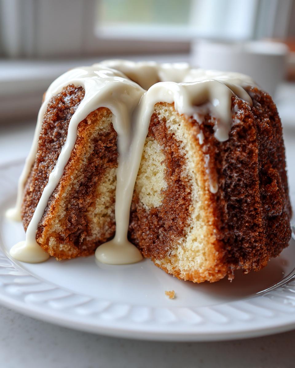 A slice of marbled sock-it-to-me cake with a thick vanilla glaze dripping down the sides, served on a white plate.