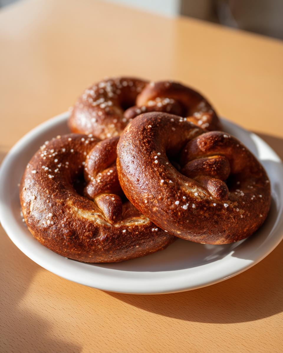 Close-up of three freshly baked sourdough discard pretzels with coarse salt on a white plate.