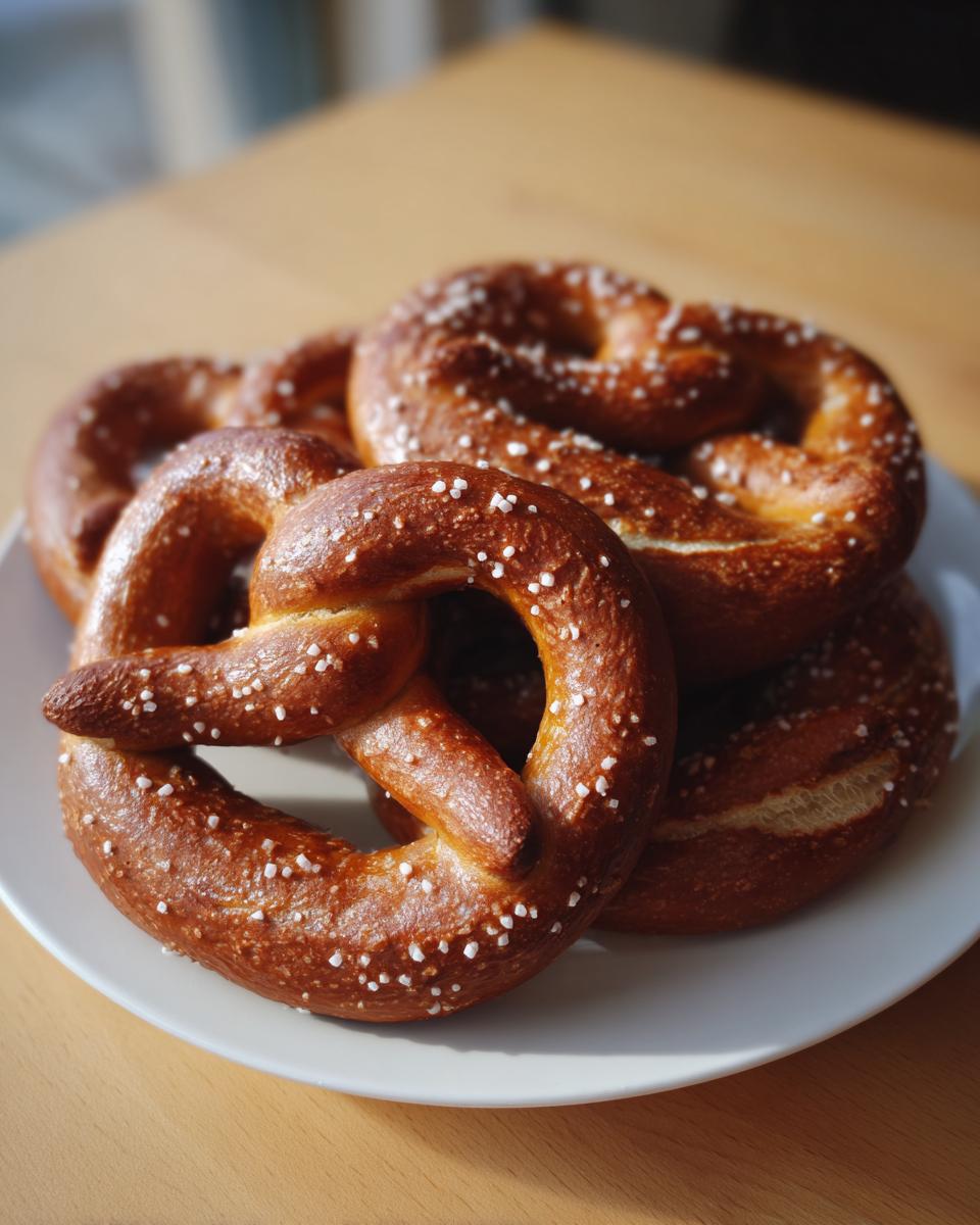 A close-up of several golden-brown sourdough discard pretzels sprinkled with coarse salt on a white plate.