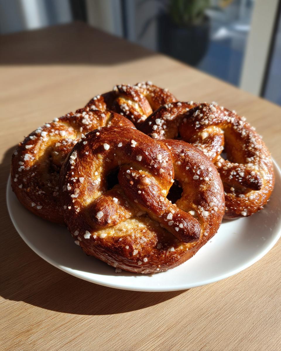 Four golden-brown sourdough discard pretzels topped with coarse salt resting on a white plate.