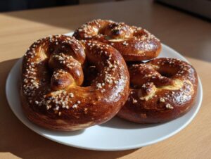 Three freshly baked sourdough discard pretzels with a deep brown crust and coarse salt, resting on a white plate.