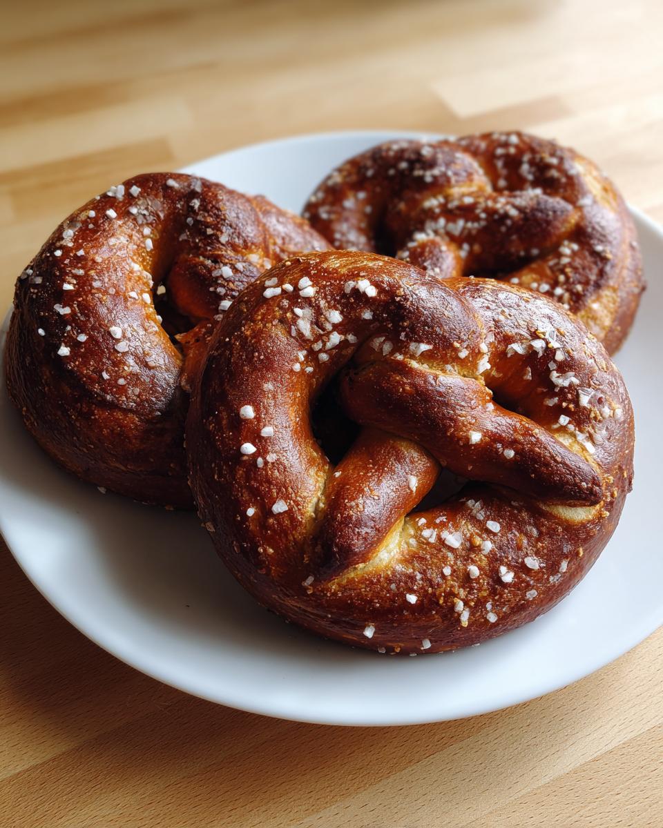 Three freshly baked sourdough discard pretzels with a dark brown crust and coarse salt, resting on a white plate.