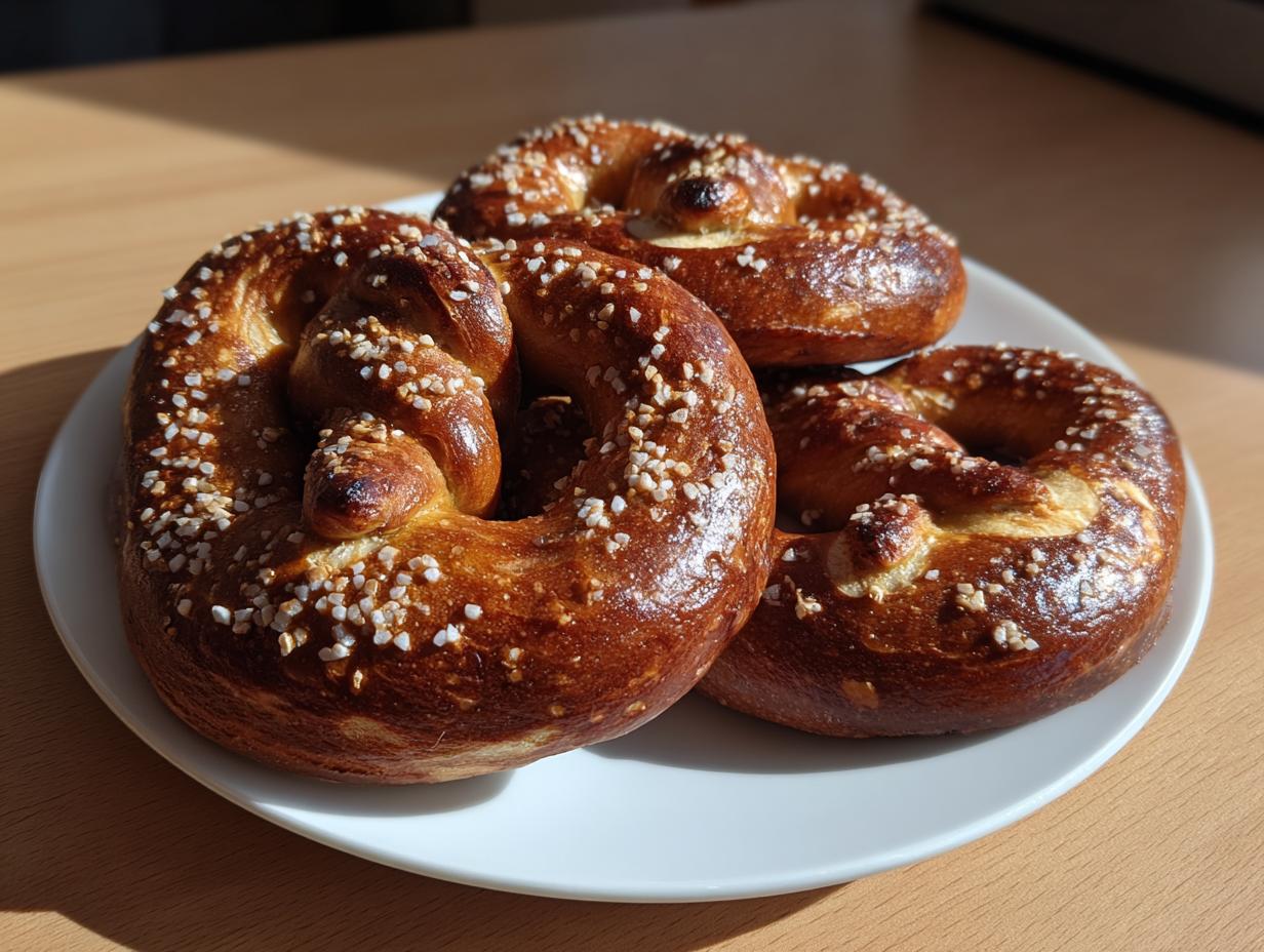 Three freshly baked sourdough discard pretzels with a deep brown crust and coarse salt, resting on a white plate.