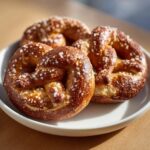 Three freshly baked sourdough discard pretzels with a deep brown crust and coarse salt crystals, served on a white plate.