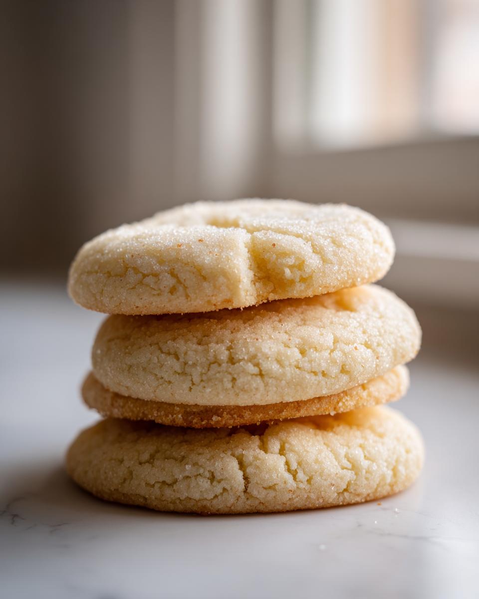 A stack of three soft, round sourdough sugar cookies coated in sparkling sugar.