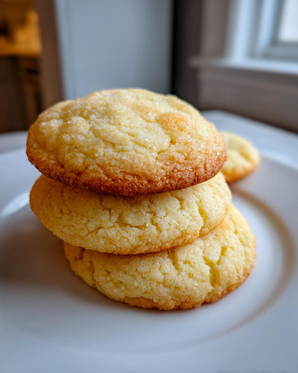 A close-up stack of three golden brown sourdough sugar cookies resting on a white plate.