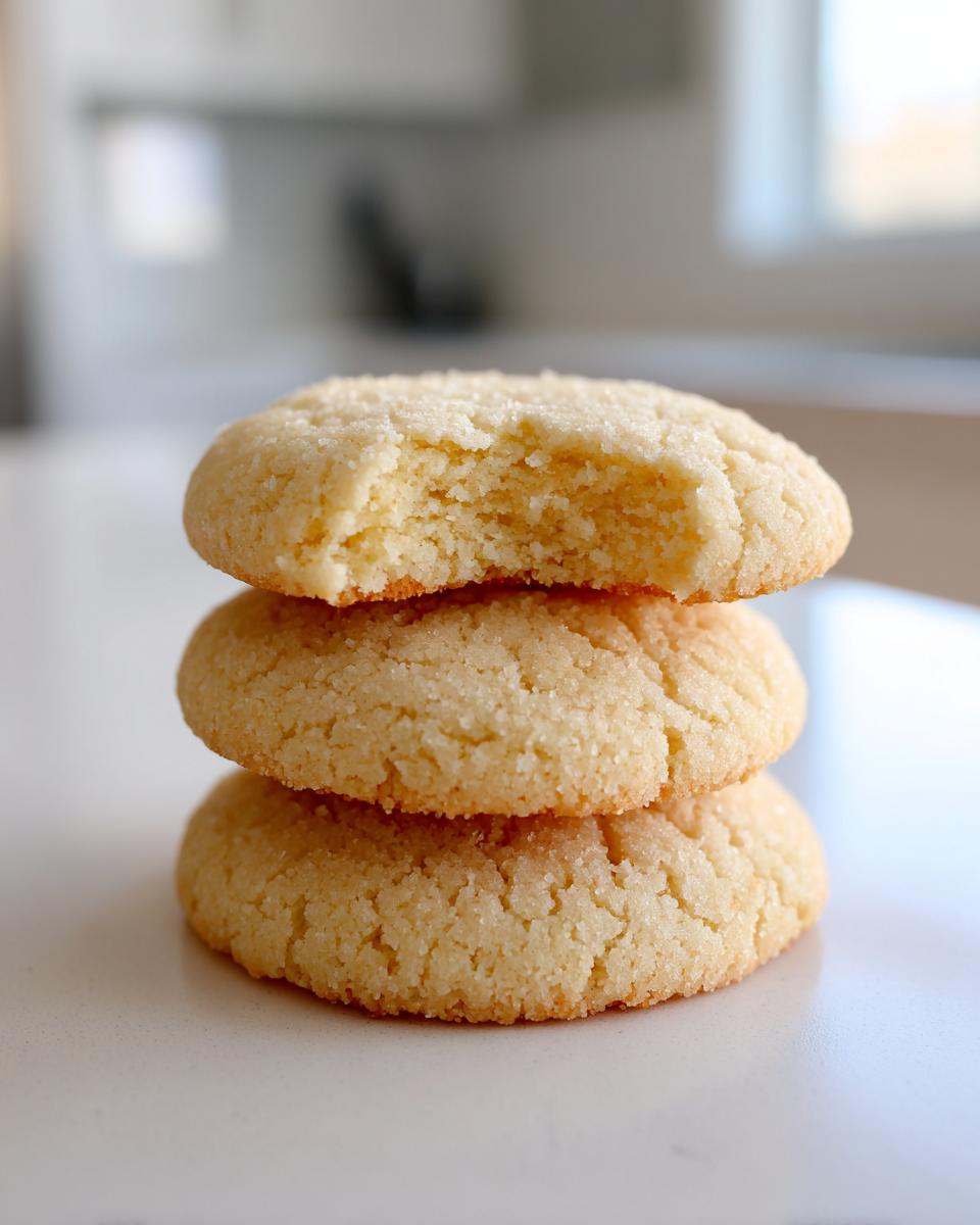 A stack of three soft sourdough sugar cookies, with the top cookie having a bite taken out, showing the texture.