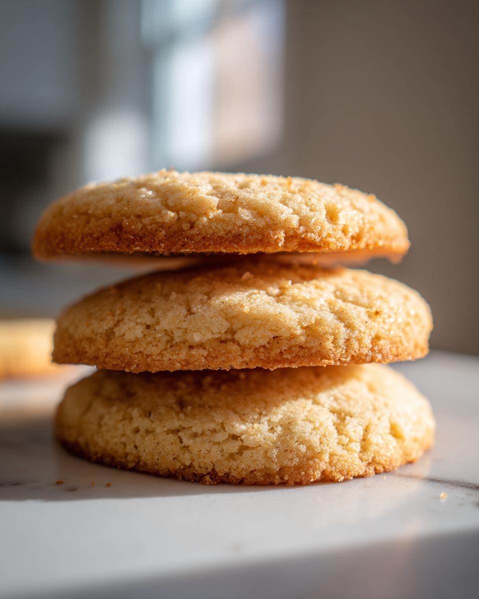 A vertical stack of three golden brown sourdough sugar cookies resting on a white marble surface.