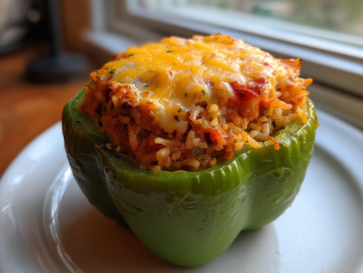 A single, vibrant green southern stuffed bell pepper topped with melted orange cheese, served on a white plate.