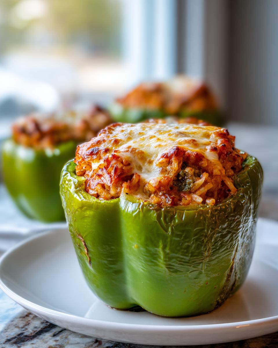 A vibrant green southern stuffed bell peppers half filled with rice and meat mixture, topped with melted cheese.