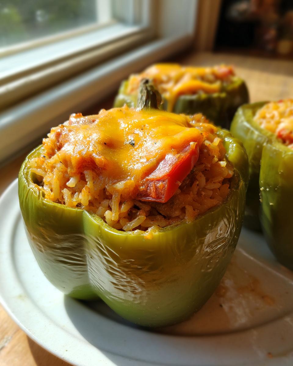 A close-up of a green bell pepper stuffed with rice and meat mixture, topped with melted cheddar cheese, one of several southern stuffed bell peppers.