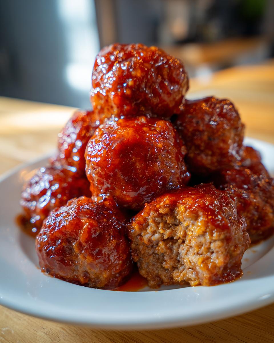 Close-up of a stack of juicy sriracha honey glazed meatballs on a white plate, one meatball has a bite taken out showing the texture.