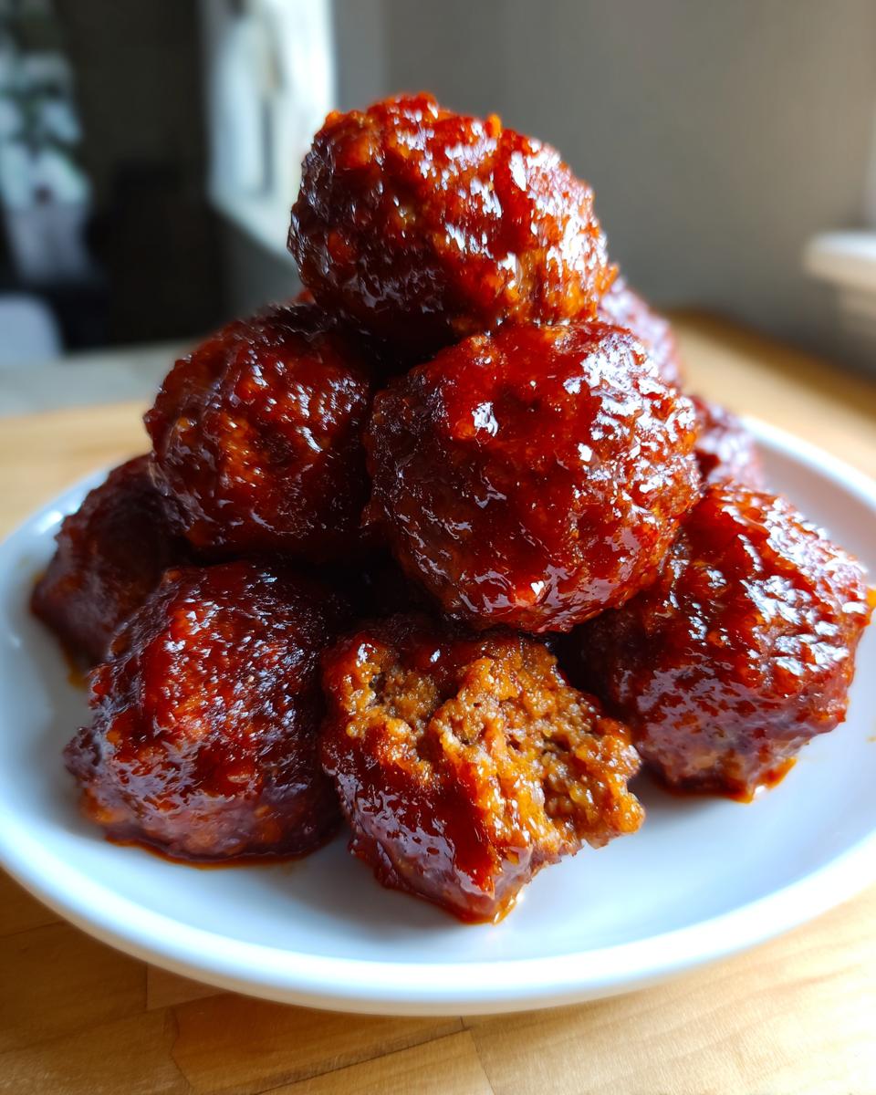 A close-up of a stack of shiny sriracha honey glazed meatballs on a white plate, one is broken open showing the texture.