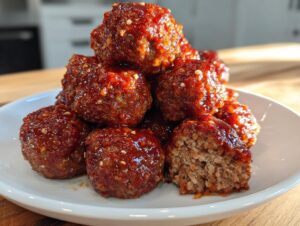 A stack of glistening sriracha honey glazed meatballs, one cut open to show the texture, served on a white plate.