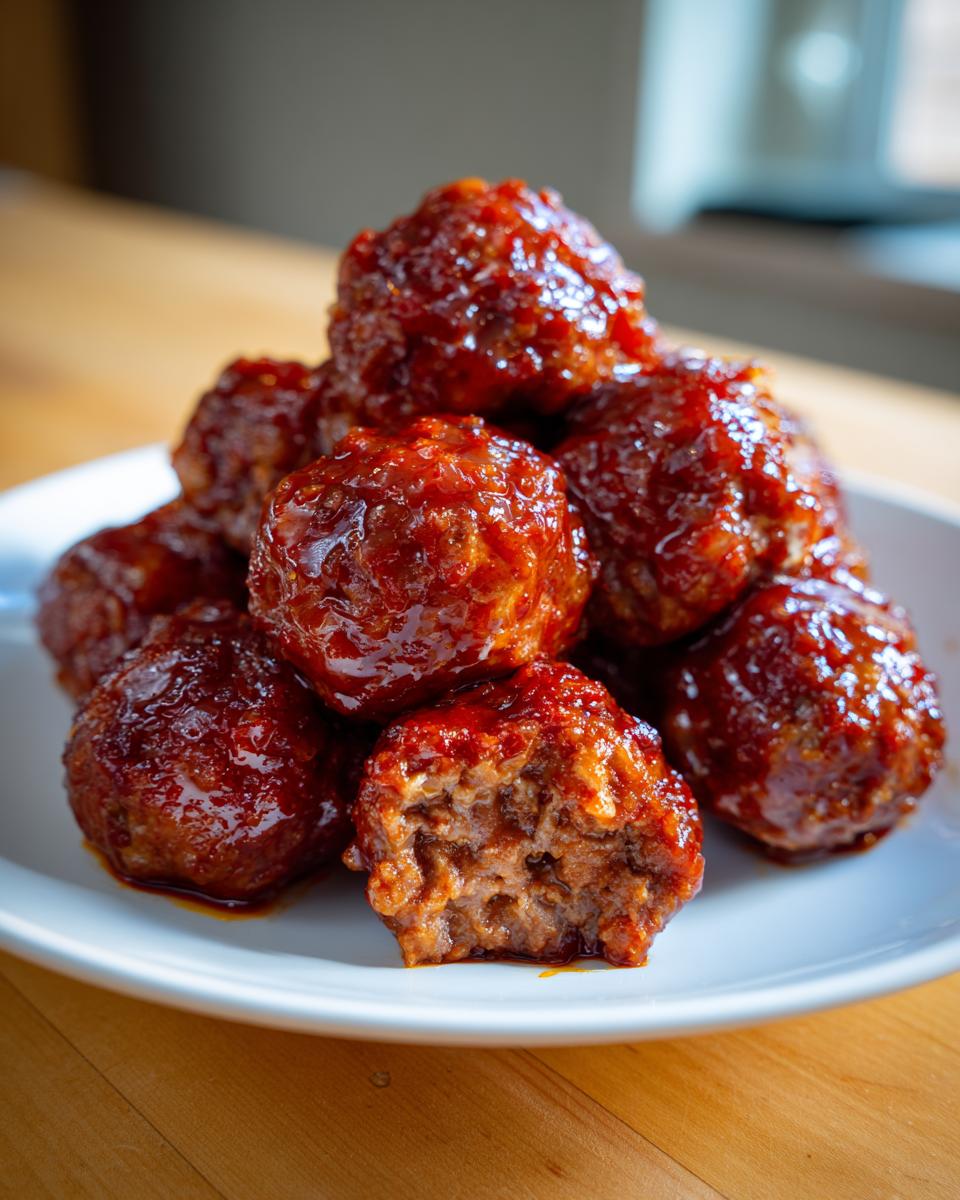 A stack of juicy sriracha honey glazed meatballs on a white plate, one meatball is bitten into.