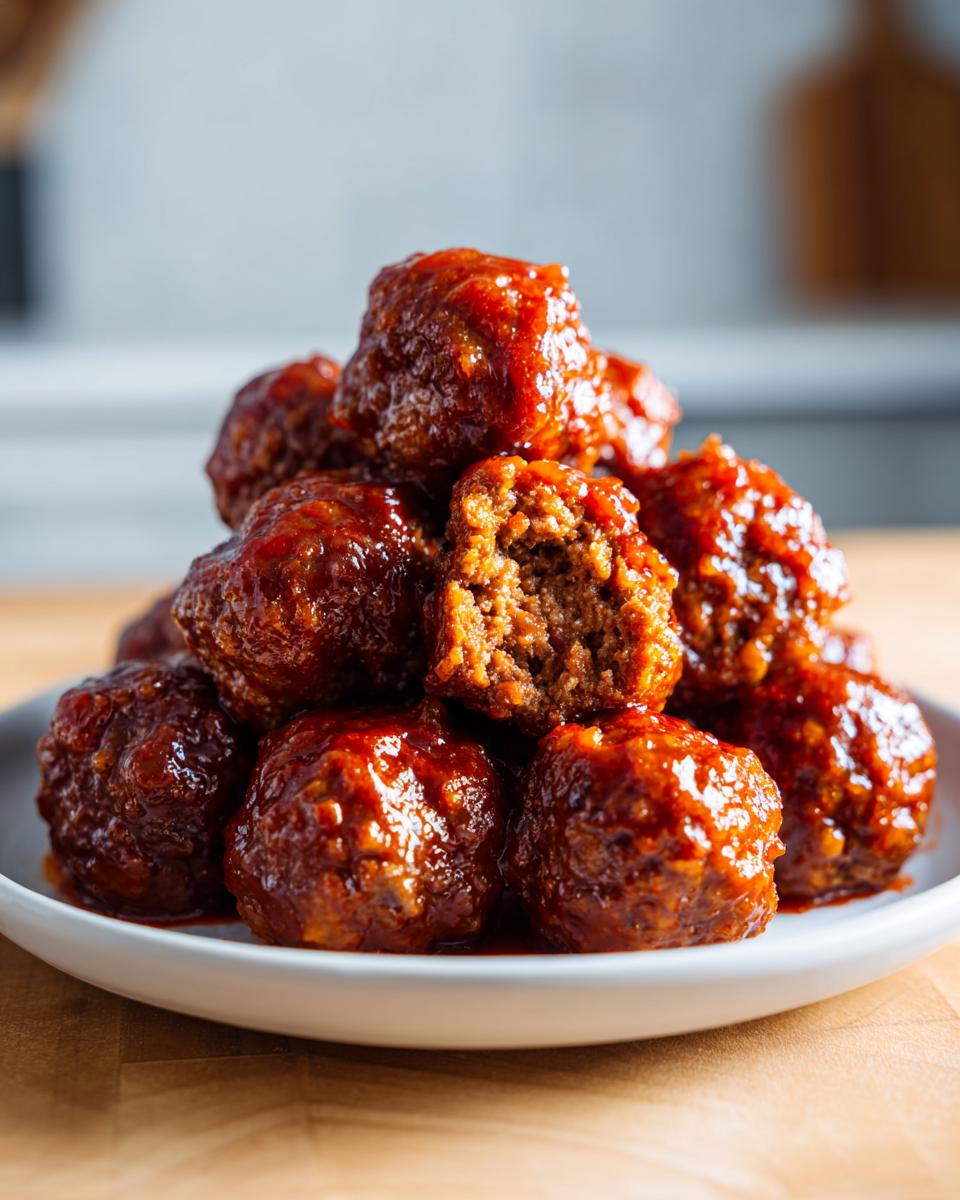A close-up of a stack of shiny sriracha honey glazed meatballs, with one meatball broken open showing the texture inside.