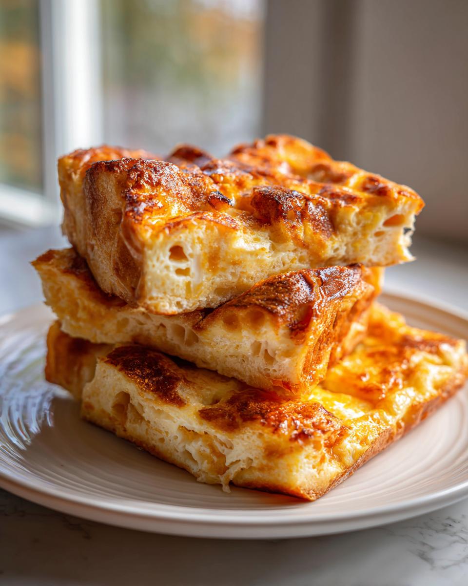 Three thick squares of golden brown baked french toast stacked on a white plate.