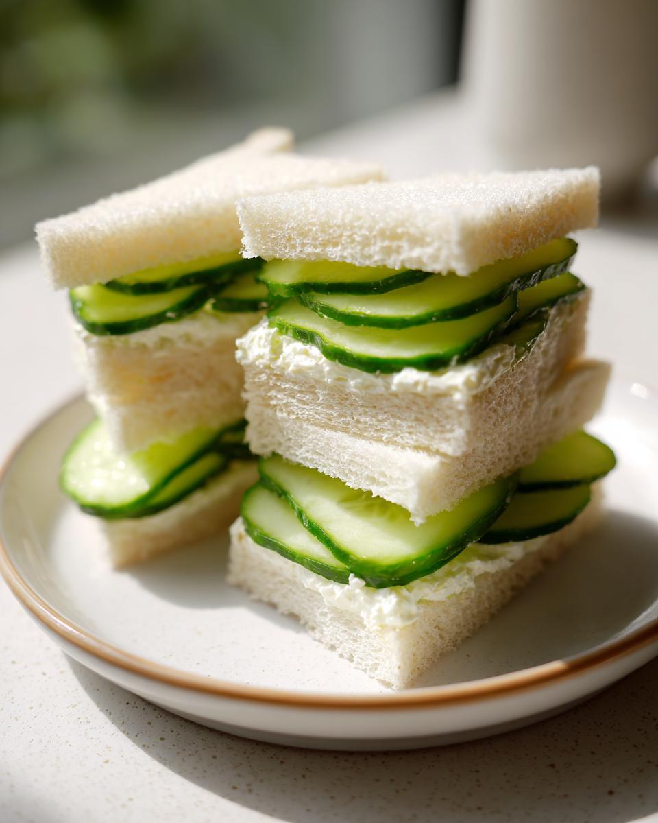 Two stacks of crustless cucumber sandwiches filled with cream cheese and thinly sliced cucumbers.