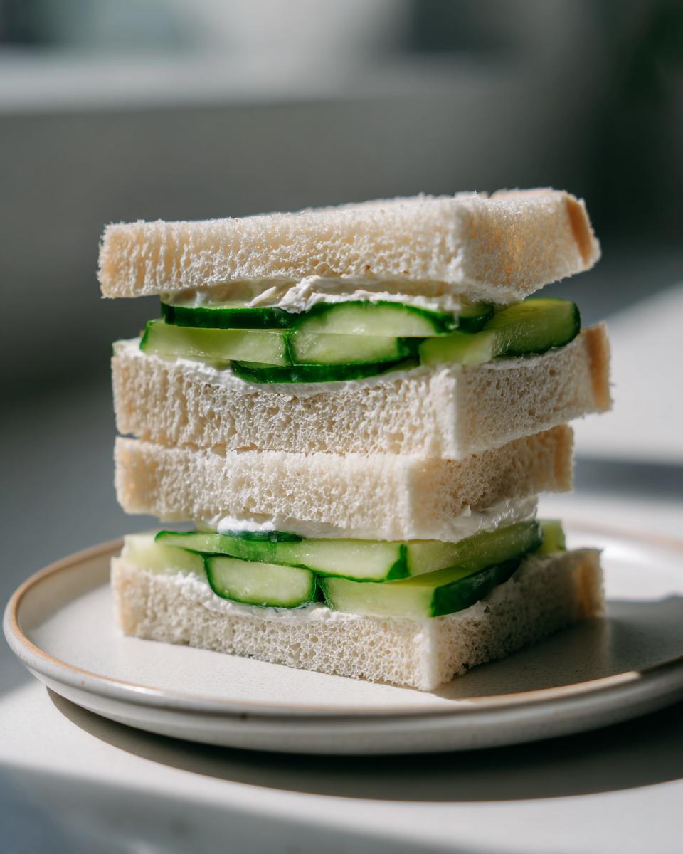 A tall stack of two cucumber sandwiches made with white bread, cream cheese, and thinly sliced cucumbers.