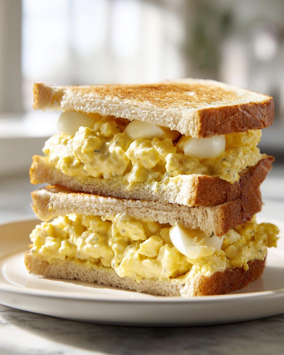 A tall, stacked egg salad sandwich made with creamy filling and large chunks of egg white on toasted white bread.