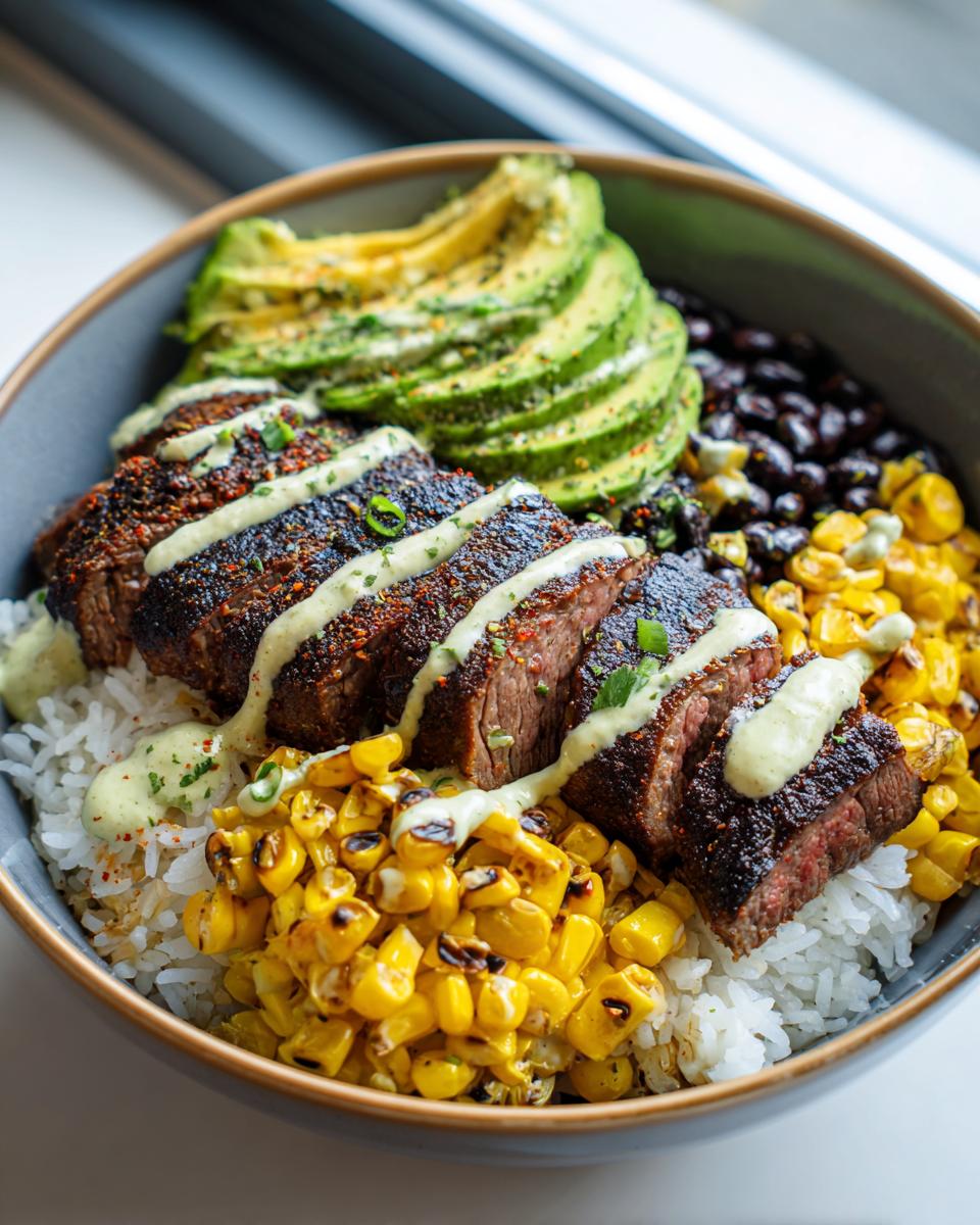 Close-up of a steak avocado and roasted corn bowl featuring sliced seasoned steak over rice, topped with creamy sauce.
