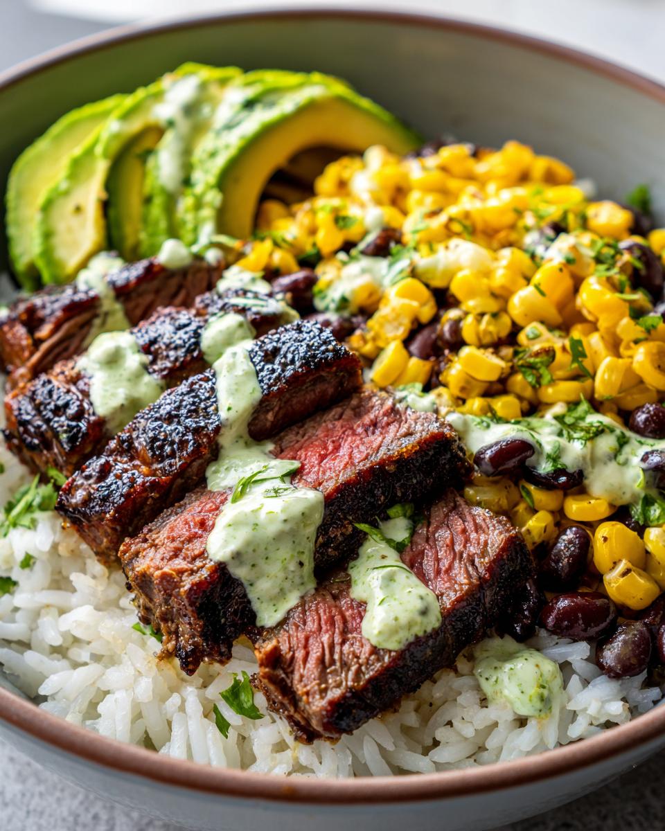 Close-up of a steak avocado and roasted corn bowl featuring sliced medium-rare steak over rice, topped with creamy green sauce.