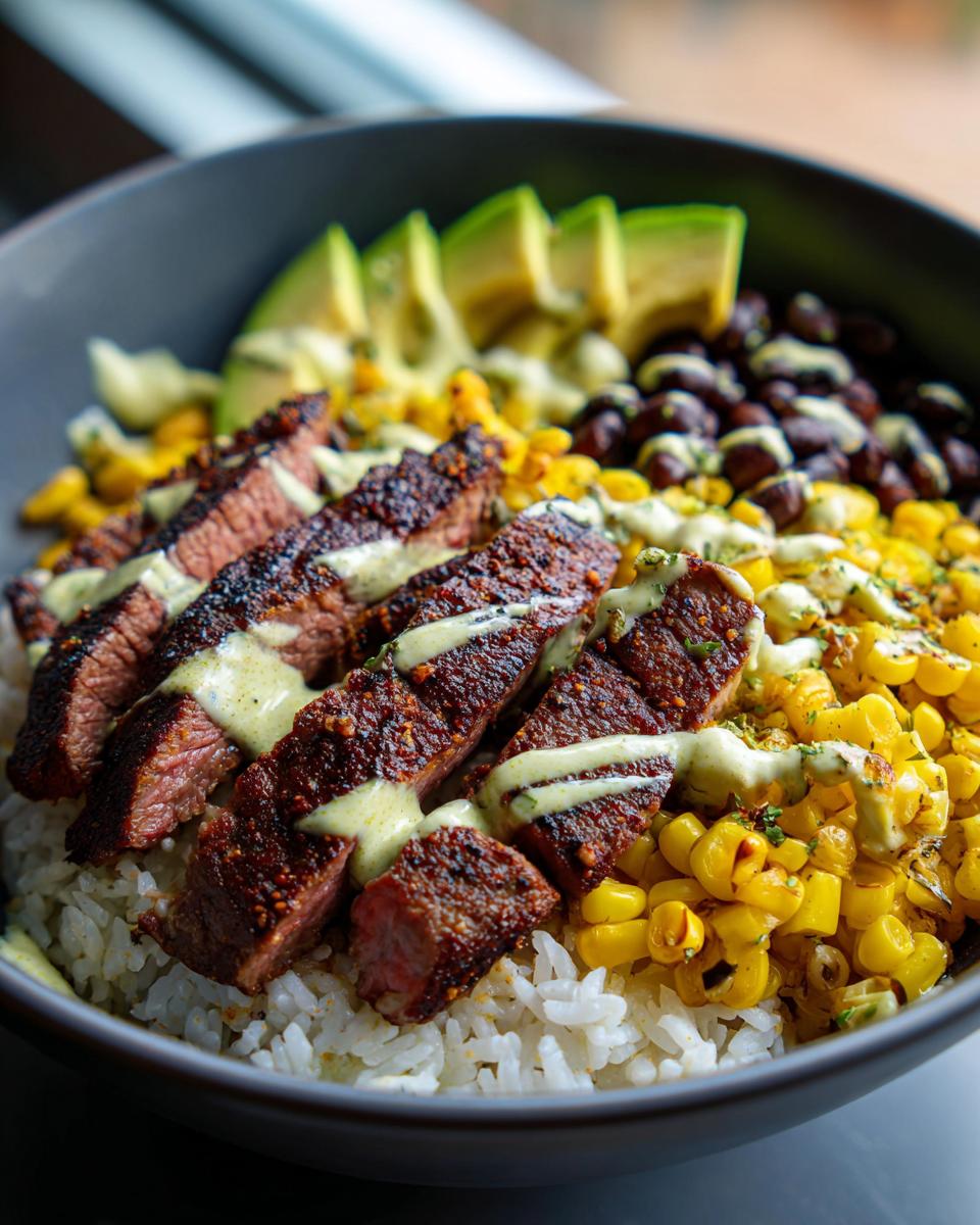 Close-up of a vibrant steak avocado and roasted corn bowl served over white rice with black beans and a creamy green drizzle.