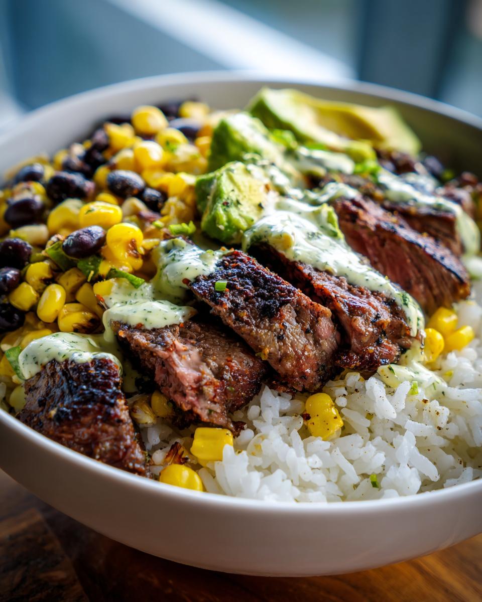 Close-up of a steak avocado and roasted corn bowl featuring sliced steak, white rice, black beans, and creamy green dressing.