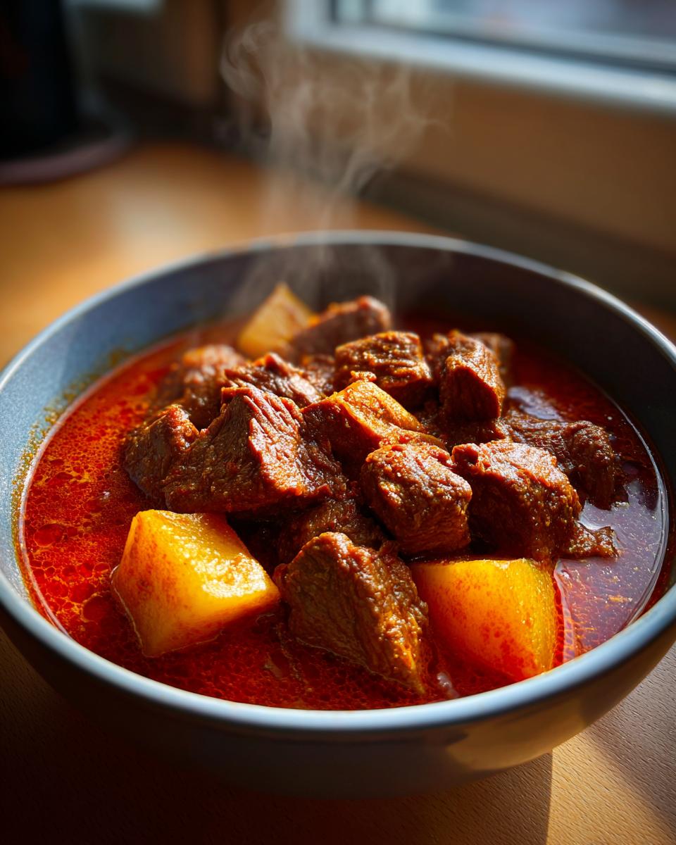 Close-up of a steaming bowl filled with rich, red goulash recipe featuring tender beef chunks and potatoes.