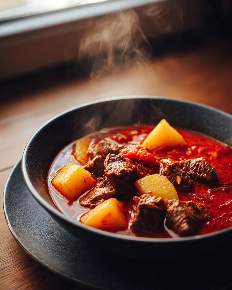 Close-up of a steaming bowl of rich, red goulash recipe featuring tender beef chunks and large pieces of potato.