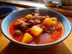A close-up of a steaming bowl of rich, red goulash recipe featuring chunks of beef and potatoes.