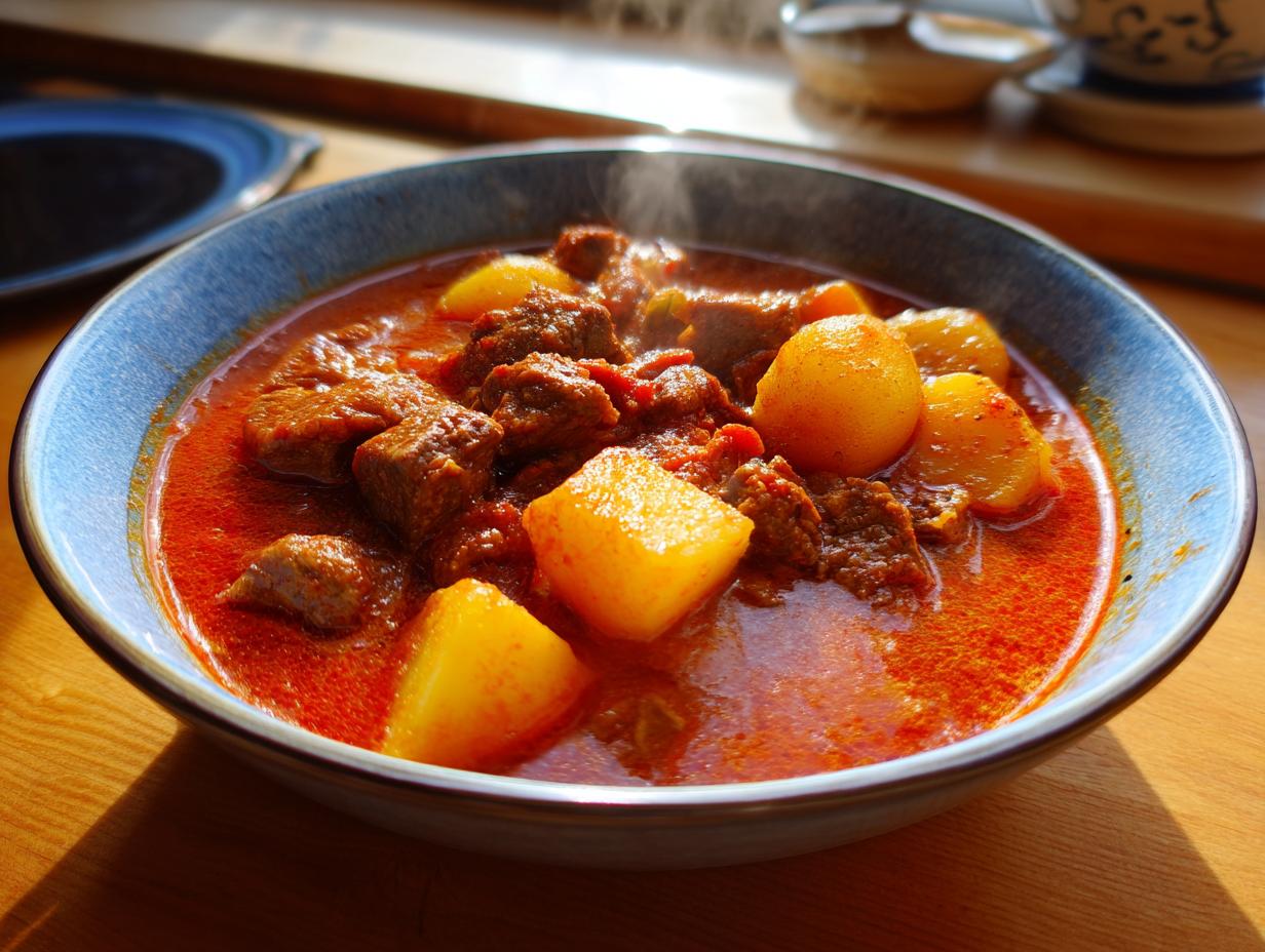 A close-up of a steaming bowl of rich, red goulash recipe featuring chunks of beef and potatoes.