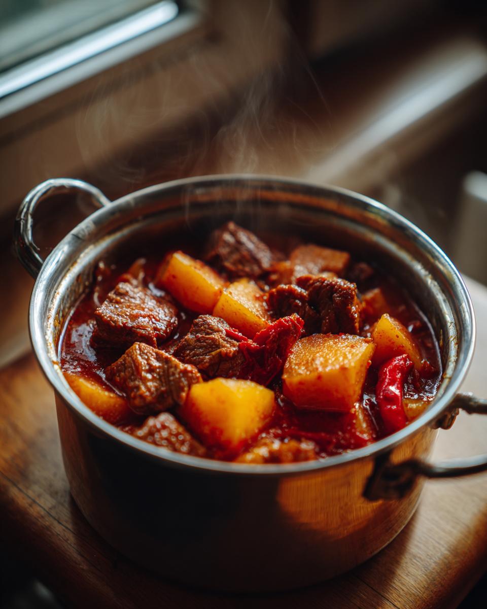Close-up of steaming hot beef goulash recipe simmering in a small metal pot with chunks of beef and potatoes.