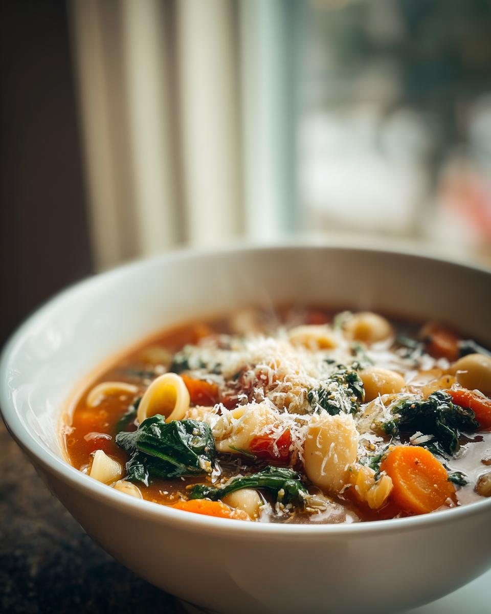 Close-up of a white bowl filled with hot minestrone soup, featuring pasta, carrots, spinach, and topped with grated Parmesan cheese.