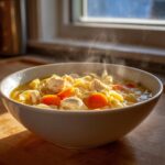 Close-up of a steaming white bowl filled with rich slow cooker chicken noodle soup, featuring chunks of chicken and bright orange carrots.