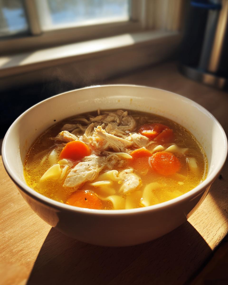 A steaming white bowl filled with rich broth, shredded chicken, egg noodles, and bright orange carrots, representing slow cooker chicken noodle soup.