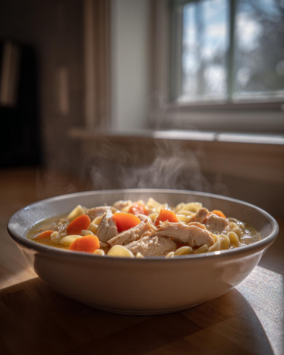 Close-up of a steaming bowl of slow cooker chicken noodle soup with shredded chicken and bright orange carrots.